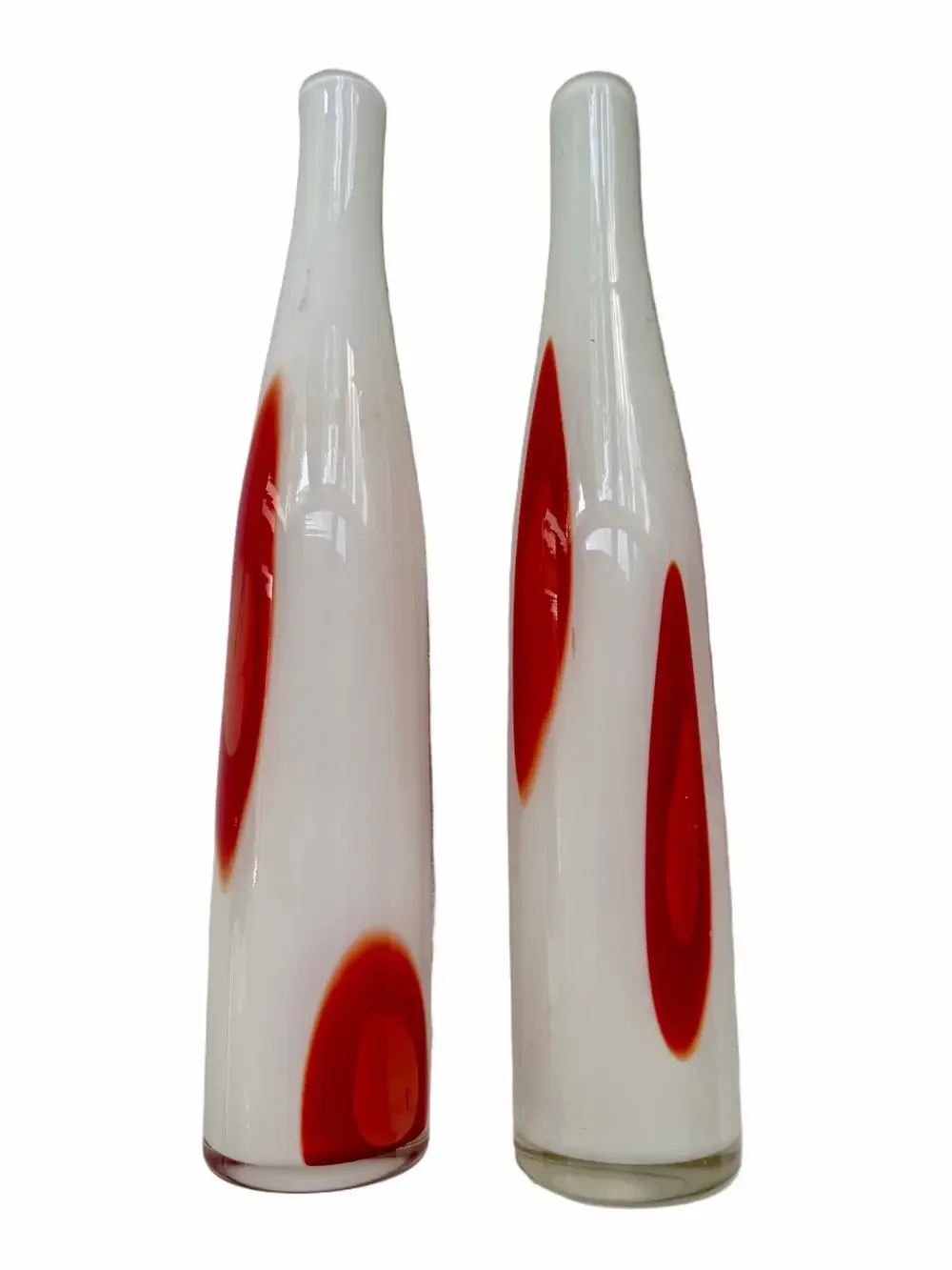 2 Vintage Murano Hand-Blown Art Glass Vases White Base Red Pulled Cane Dots